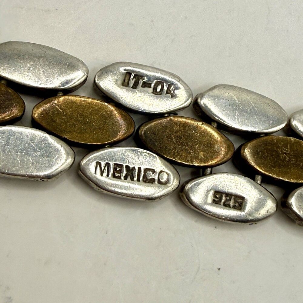Vintage Taxco Mexico 925 IT-04 2 Tone Sterling Silver Brick Modernist Bracelet - Picture 5 of 11